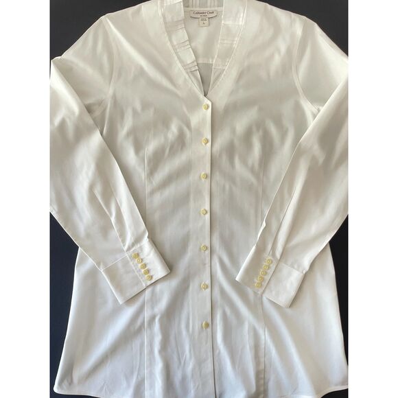 ~ Coldwater Creek L 14 Blouse White No Iron Lg Shirt Button Pleated V-neck Tunic - Picture 2 of 8
